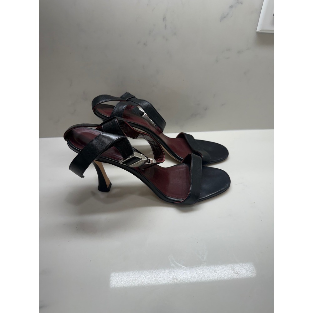 STAUD Black Leather Buckle Ankle Strap Sandals Silver Hardware Heels 37.5 - Picture 2 of 7